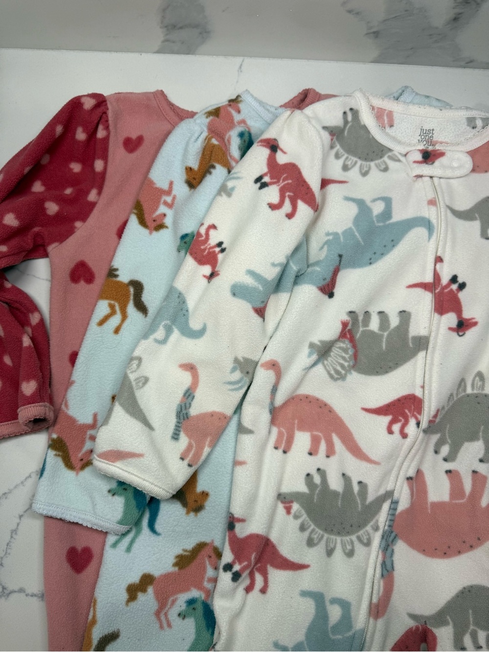 Pink & White Dino Fleece Kids Pajamas (3-Pack)